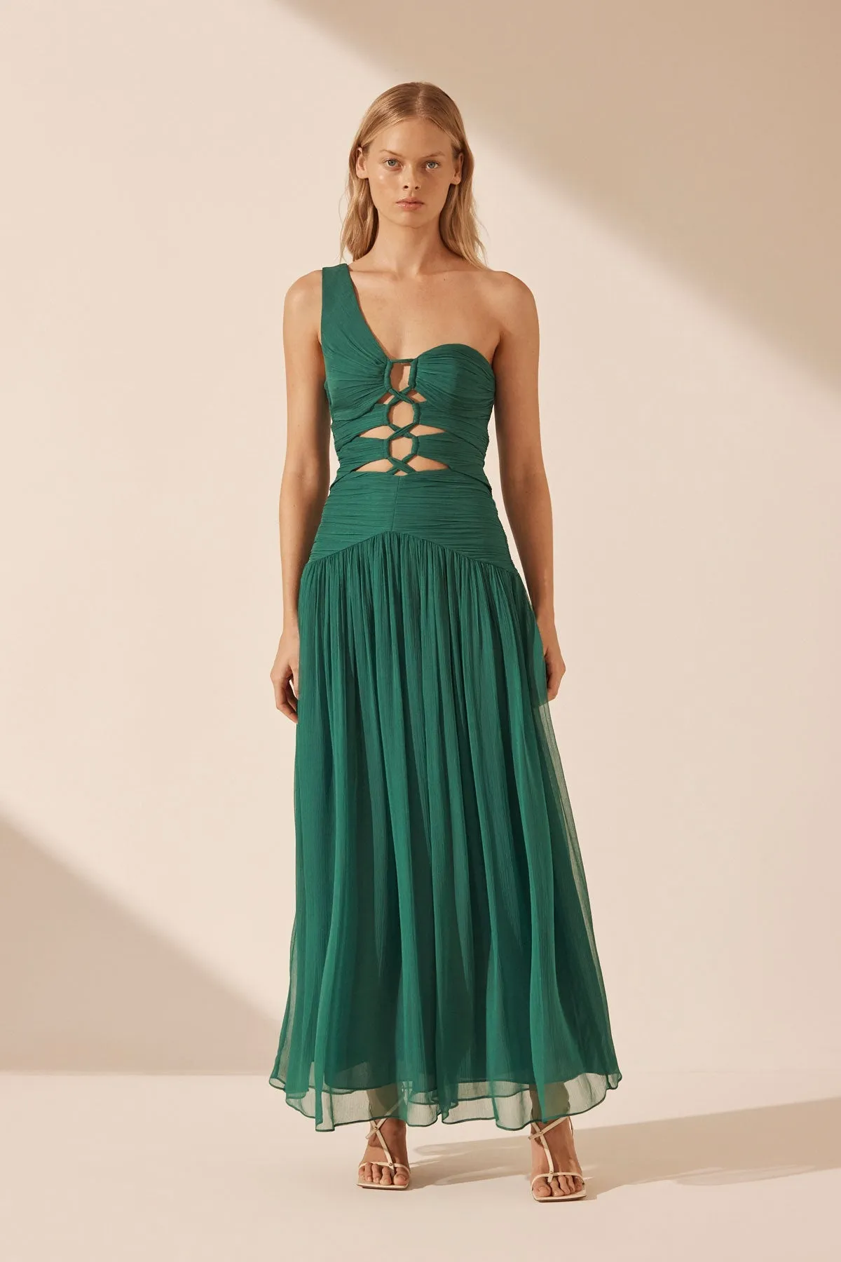 MARGOT ONE SHOULDER LACE UP MAXI DRESS - EVERGREEN sold by Shona Joy