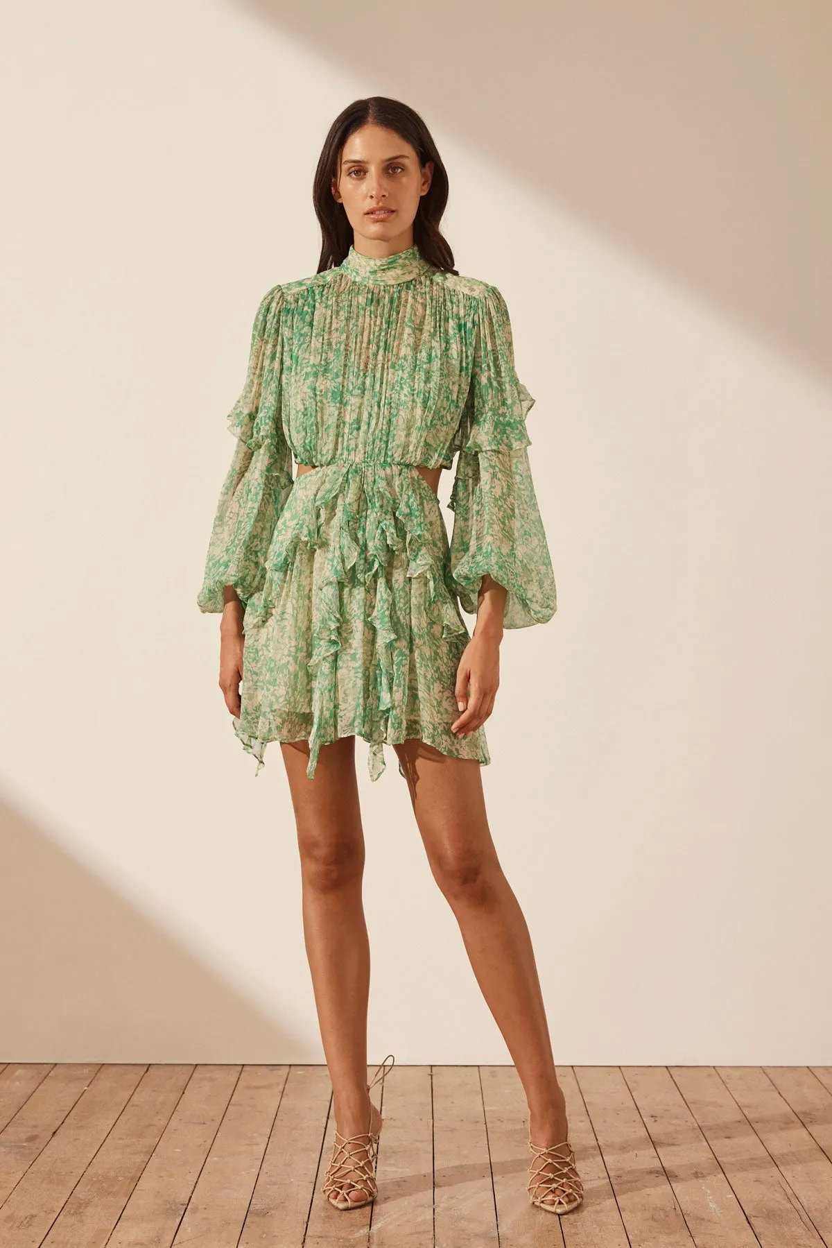 BELVEDERE HIGH NECK RUFFLE MINI DRESS sold by Shona Joy