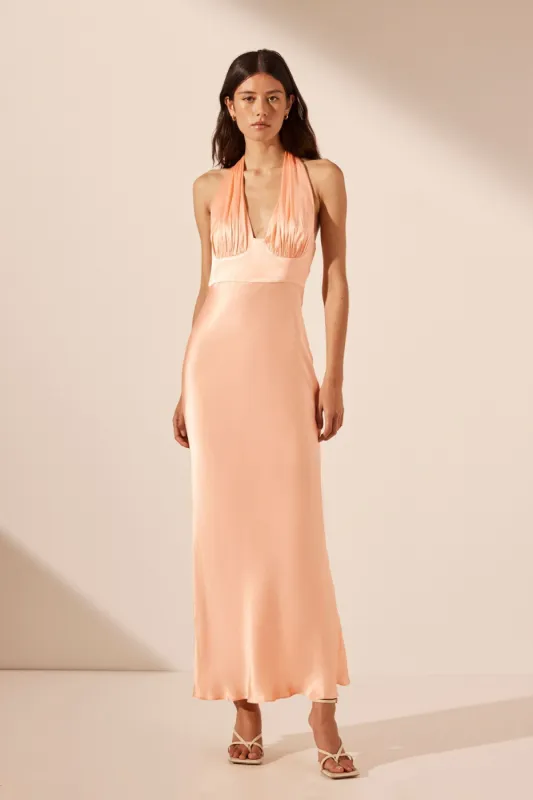 LA LUNE PLUNGED HALTER MIDI DRESS - PEACH sold by Shona Joy