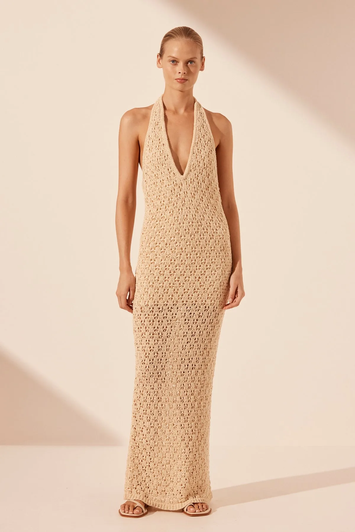 EMILIO HALTER OPEN BACK MAXI DRESS - OAT sold by Shona Joy