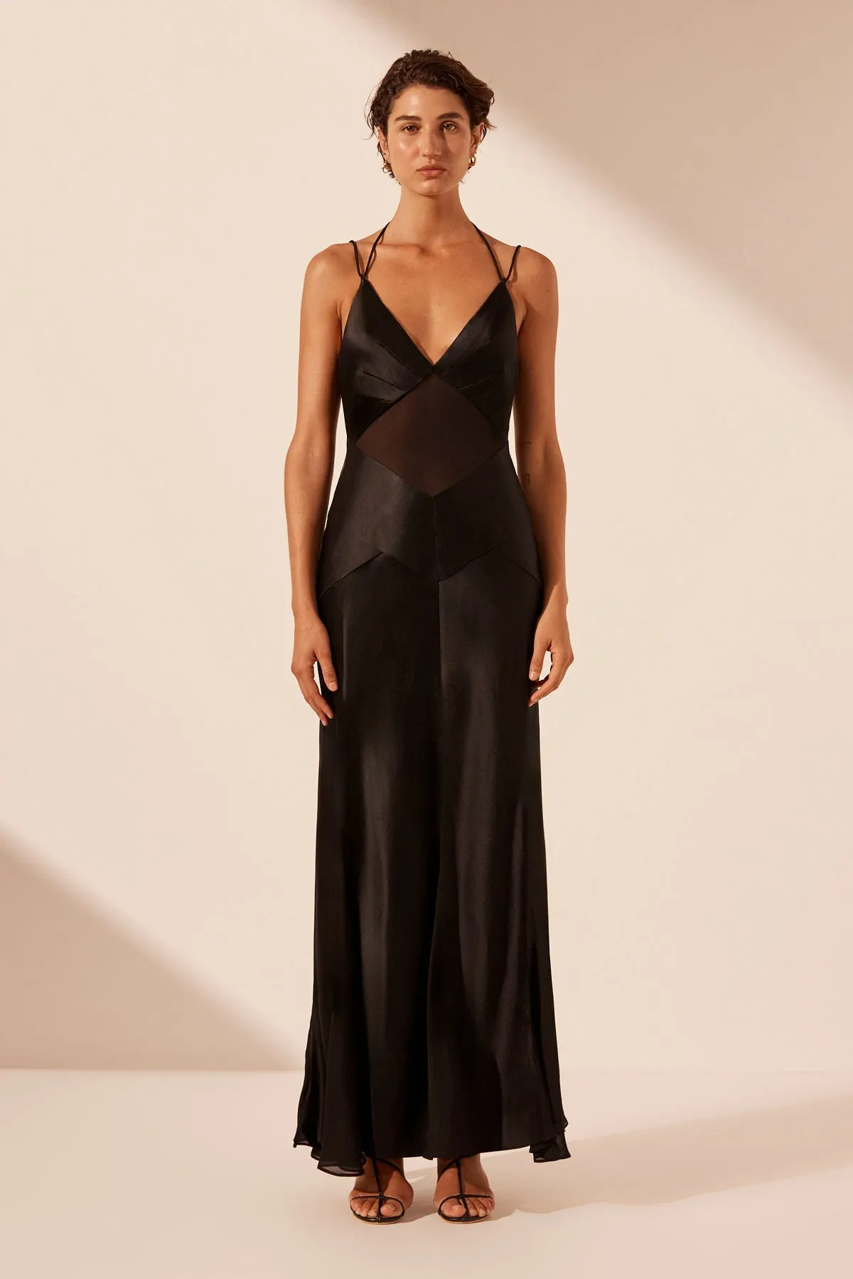 MORAYA PLUNGED GODET MAXI DRESS - BLACK sold by Shona Joy