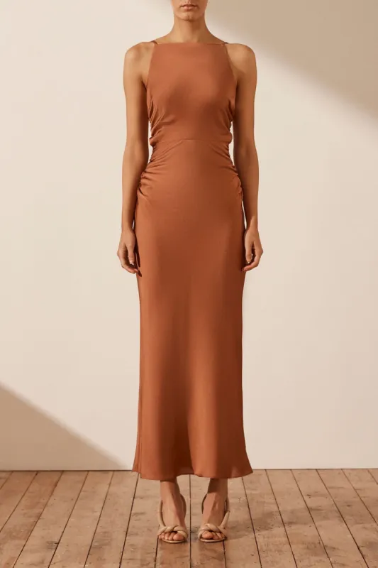 LUXE HIGH NECK RUCHED MIDI DRESS - MOCHA sold by Shona Joy