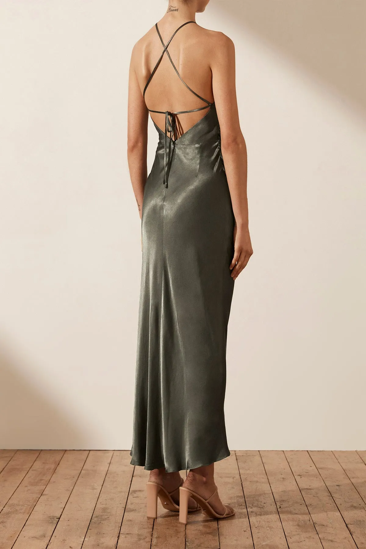 LA LUNE GATHERED SQUARE NECK BIAS MIDI DRESS - OLIVE sold by Shona Joy product image thumbnail 4