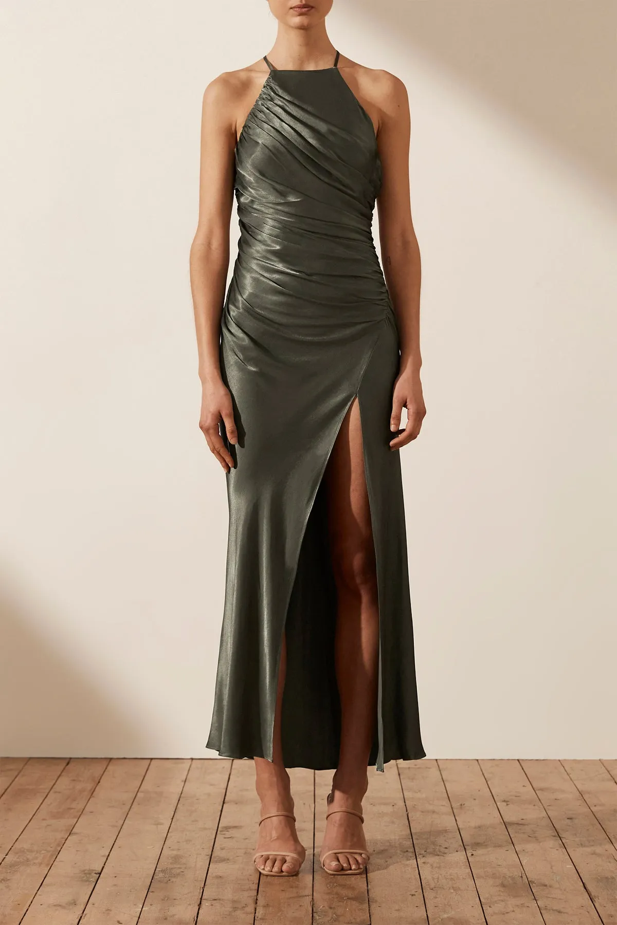 LA LUNE GATHERED SQUARE NECK BIAS MIDI DRESS - OLIVE sold by Shona Joy