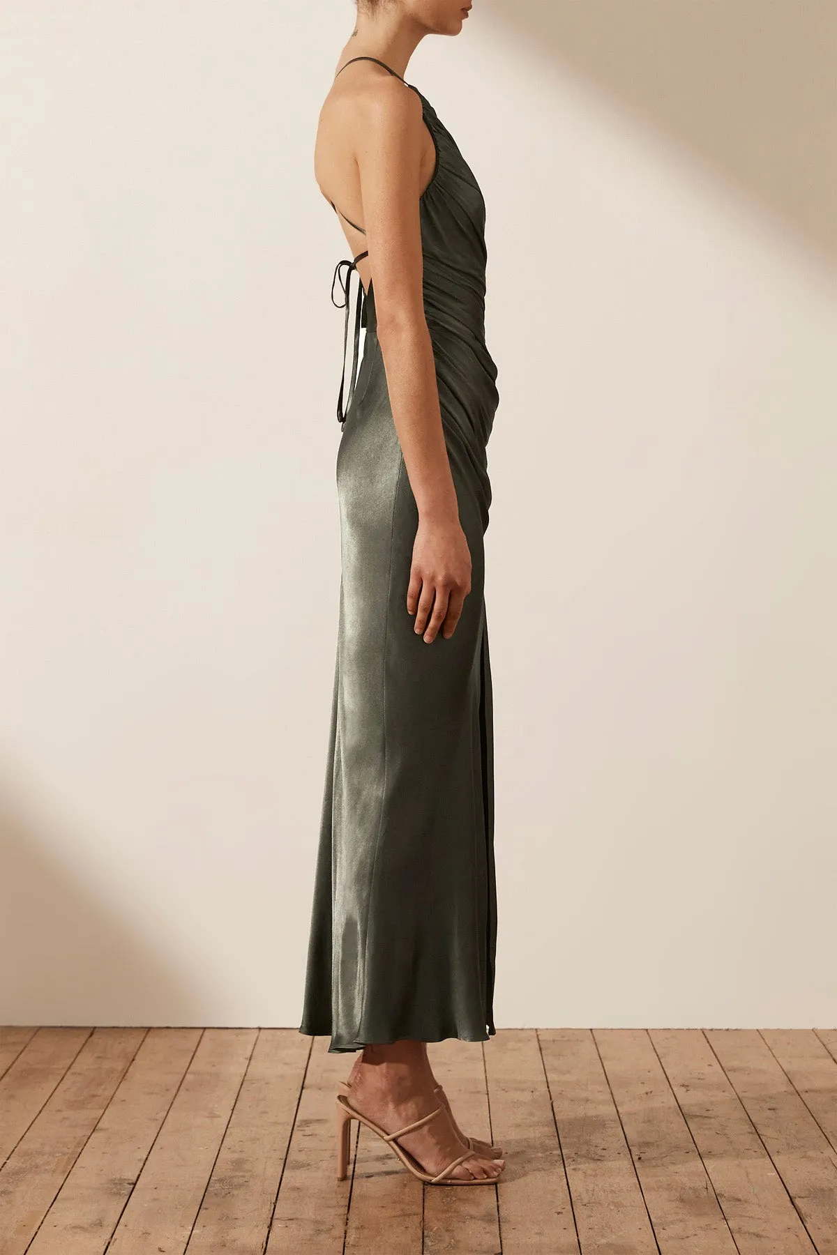 LA LUNE GATHERED SQUARE NECK BIAS MIDI DRESS - OLIVE sold by Shona Joy product image thumbnail 3