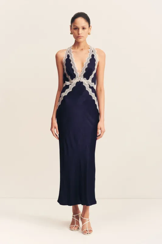 CAMILLE LACE CROSS BACK MIDI DRESS - DEEP MIDNIGHT/IVORY sold by Shona Joy
