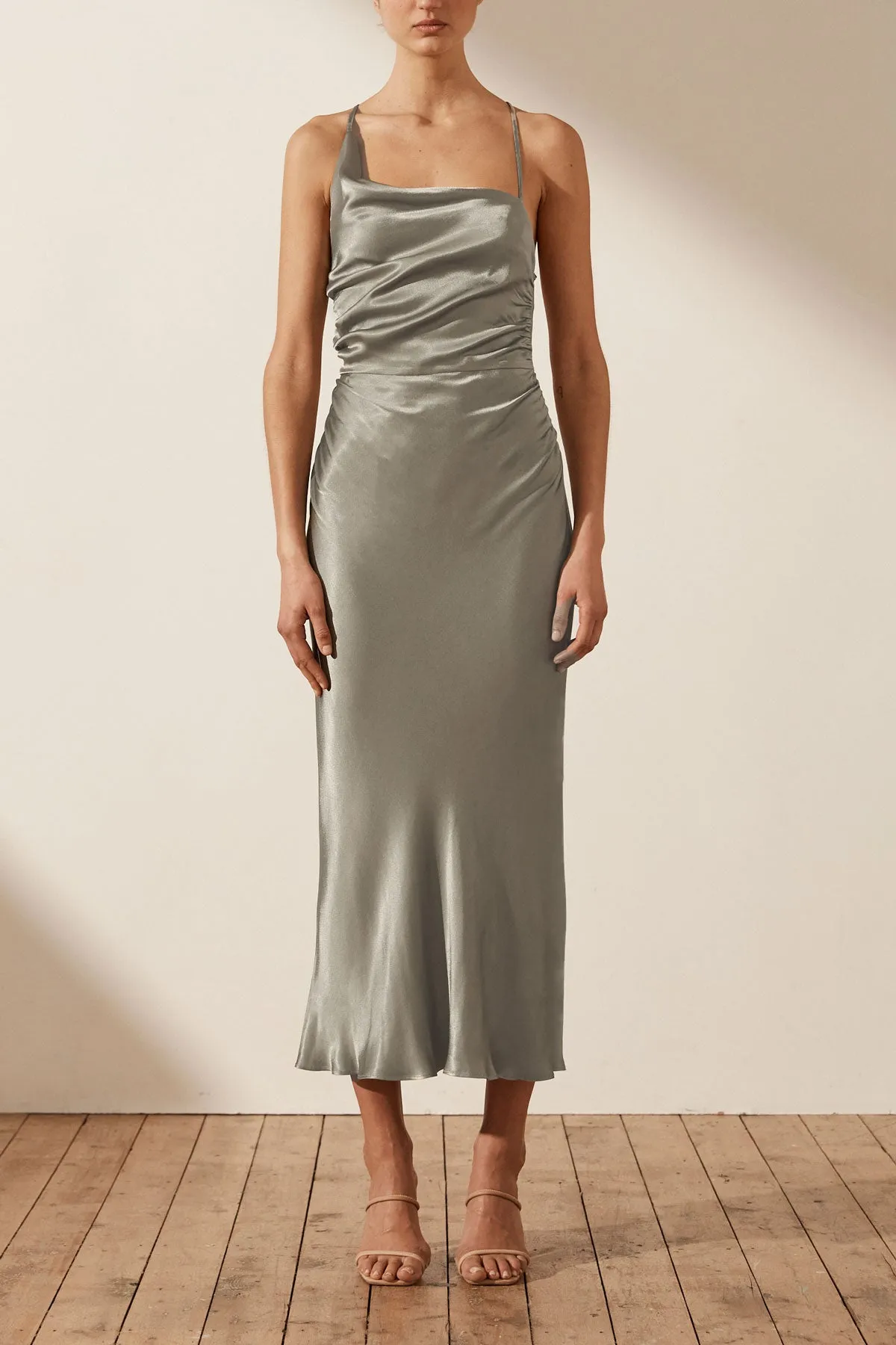 LA LUNE ASYMMETRICAL BIAS COWL MIDI DRESS - SAGE sold by Shona Joy