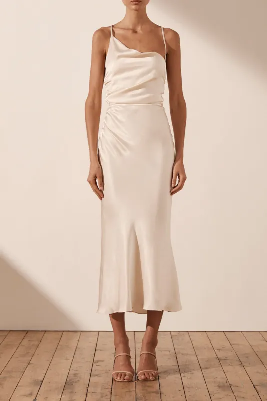 LA LUNE ASYMMETRICAL BIAS COWL MIDI DRESS - CREAM sold by Shona Joy