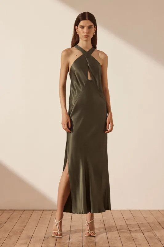 LA LUNE CROSS FRONT KEYHOLE MIDI DRESS - FOREST sold by Shona Joy