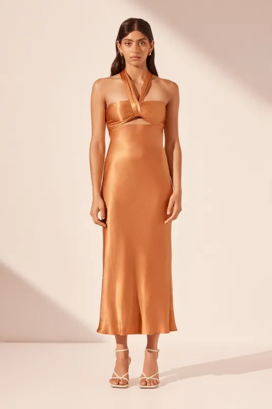 LYDIE RUCHED HALTER MIDI DRESS - GOLDEN OAK sold by Shona Joy