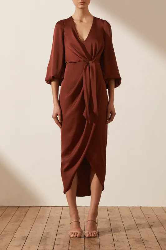 LUXE TIE FRONT BALLOON SLEEVE MIDI DRESS - SANGRIA sold by Shona Joy