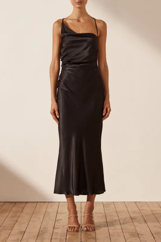 LA LUNE ASYMMETRICAL BIAS COWL MIDI DRESS - BLACK sold by Shona Joy