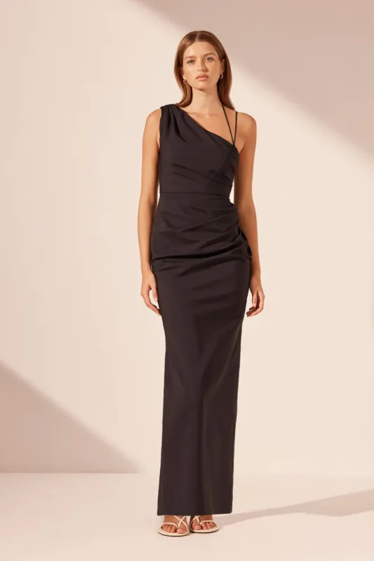 LANI ASYMMETRICAL GATHERED MAXI DRESS - BLACK sold by Shona Joy