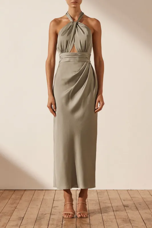 LUXE GATHERED HALTER MIDI DRESS - EUCALYPTUS sold by Shona Joy