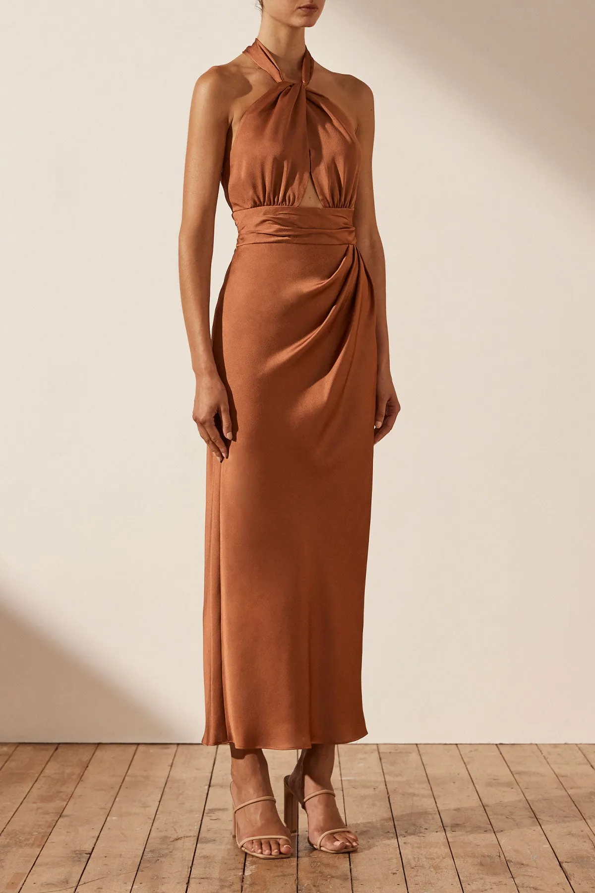 LUXE GATHERED HALTER MIDI DRESS - MOCHA sold by Shona Joy product image thumbnail 2