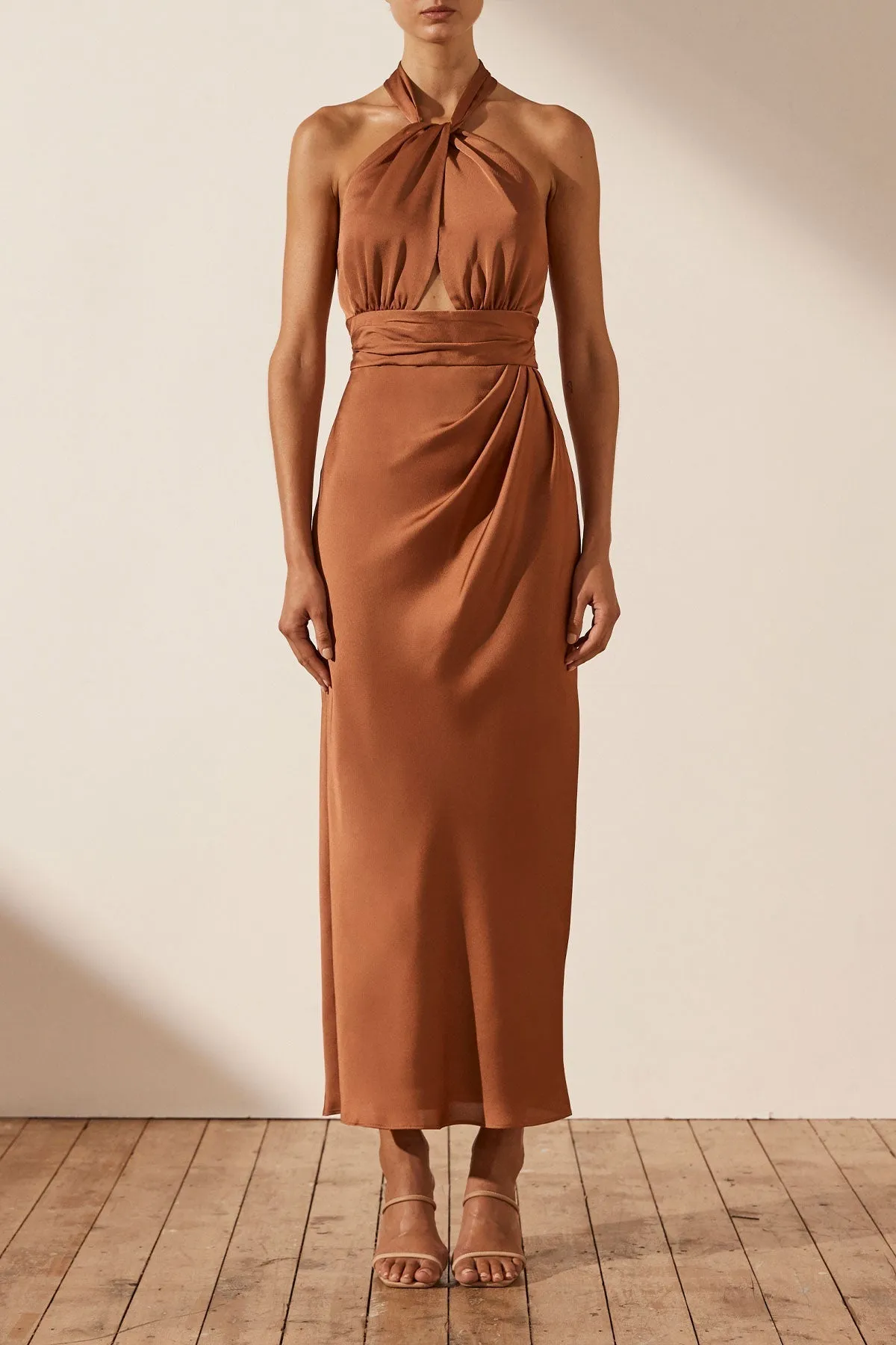 LUXE GATHERED HALTER MIDI DRESS - MOCHA sold by Shona Joy