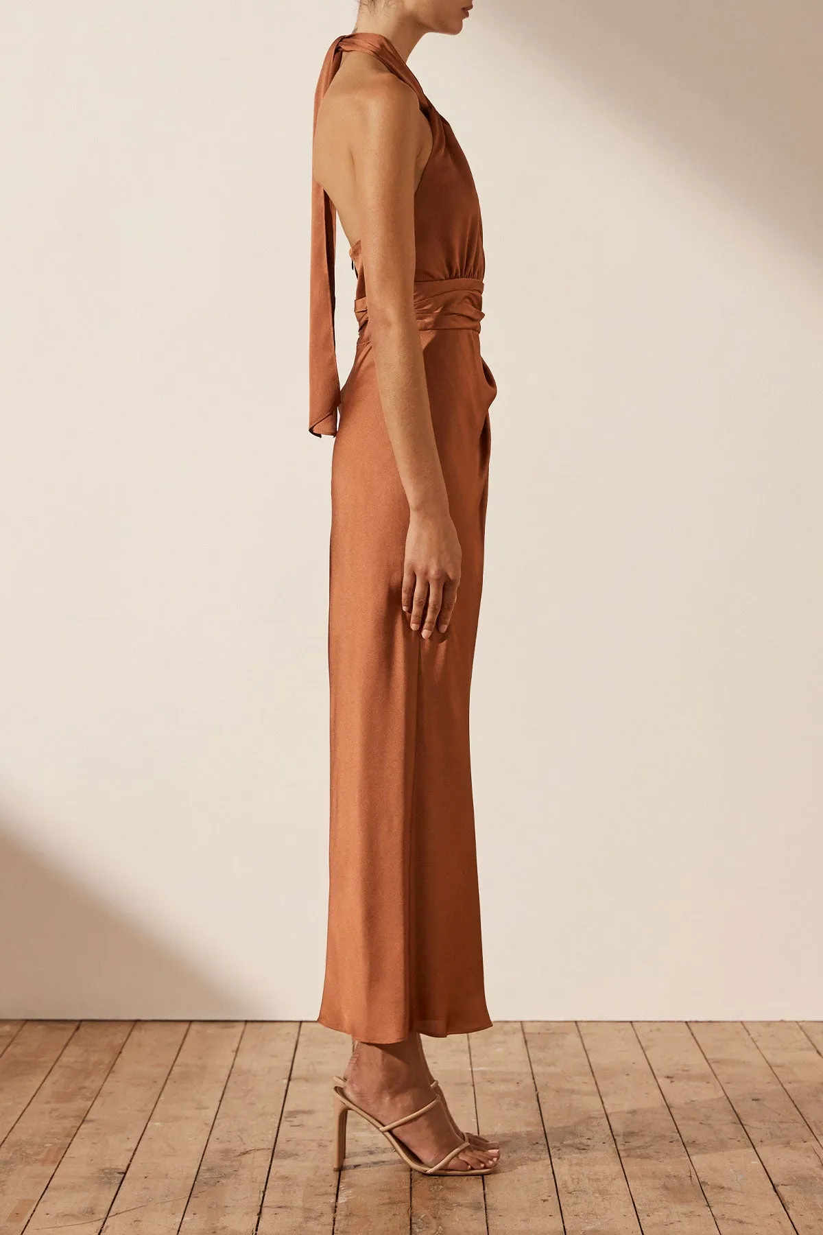 LUXE GATHERED HALTER MIDI DRESS - MOCHA sold by Shona Joy product image thumbnail 3