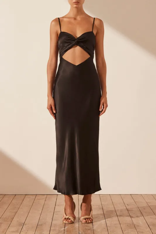 OLIVIERA TWIST FRONT MIDI DRESS - BLACK sold by Shona Joy