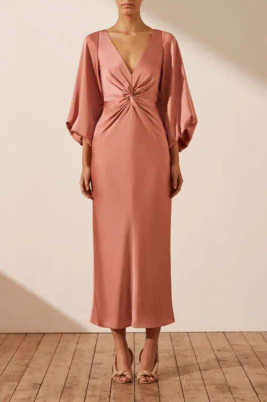 LUXE BALLOON SLEEVE KNOT FRONT MIDI DRESS - ROSE sold by Shona Joy
