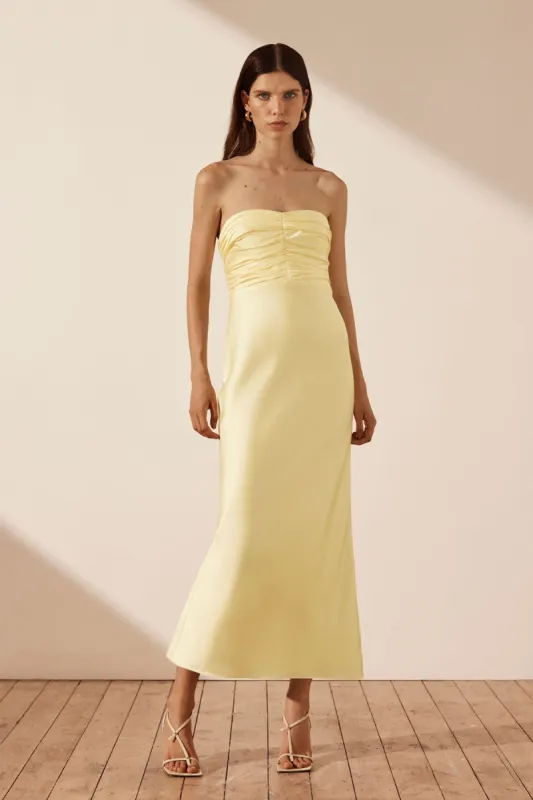 LUXE STRAPLESS RUCHED BODICE MIDI DRESS - LEMON sold by Shona Joy
