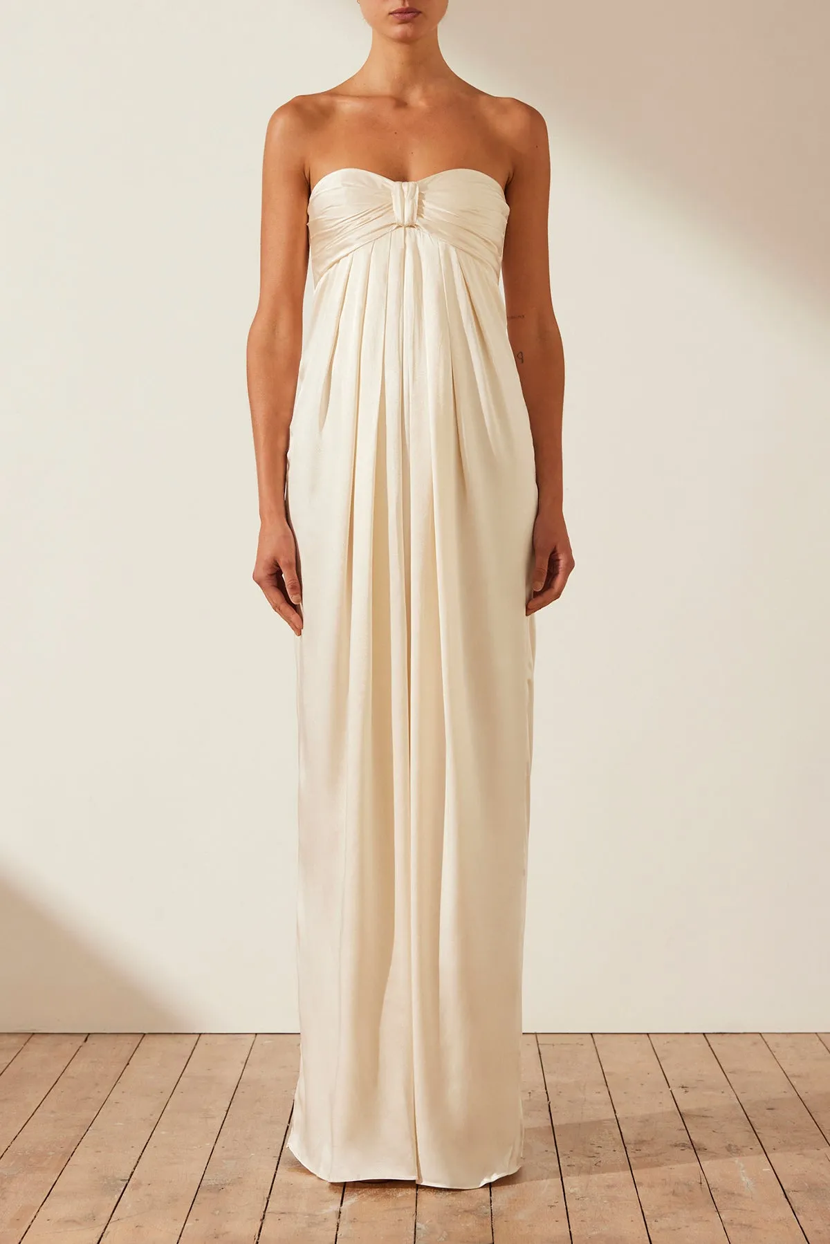 knee length dresses for ladies Shona Joy La Lune Strapless Ruched Bodice Maxi Dress in Slate