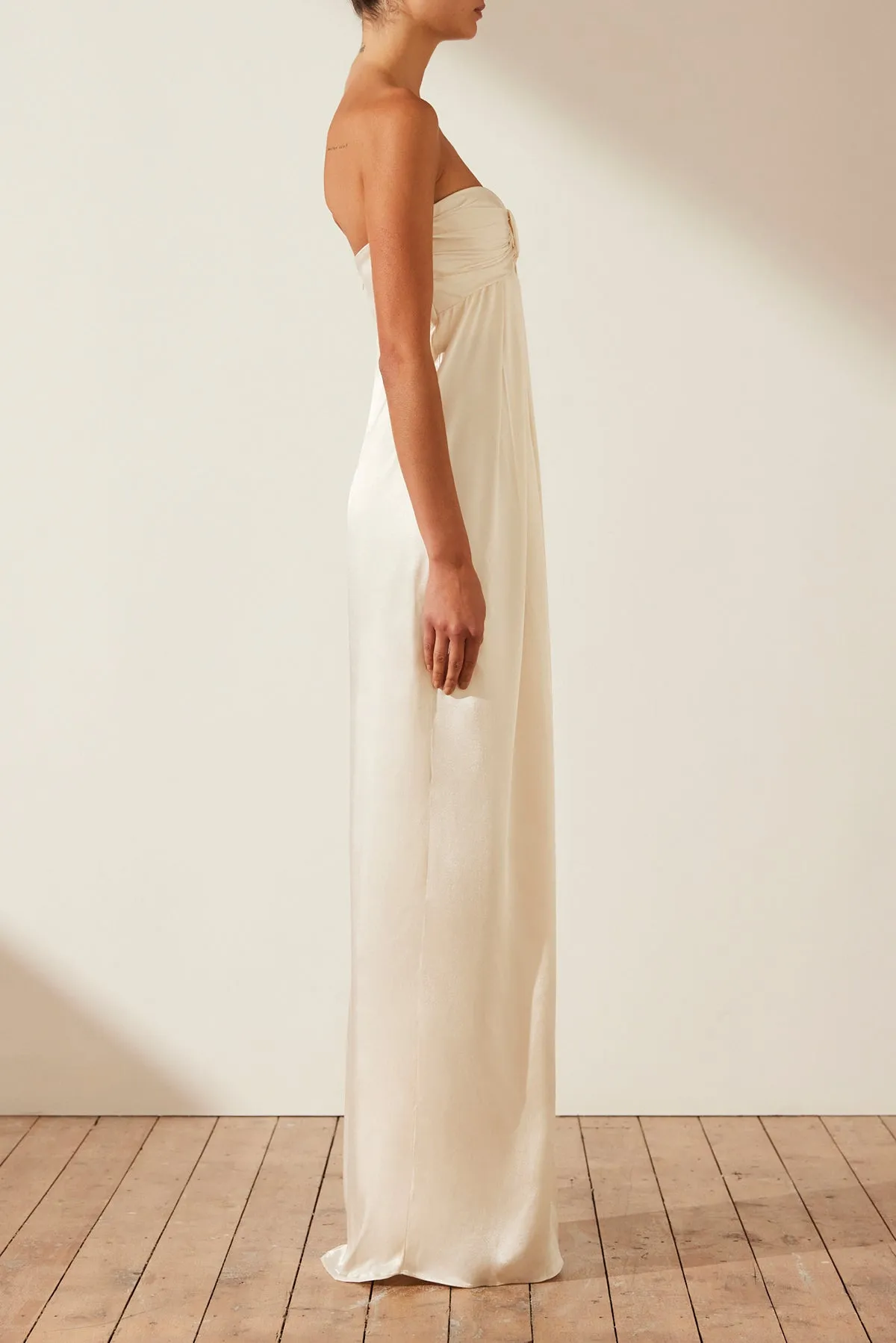 knee length dresses for ladies Shona Joy La Lune Strapless Ruched Bodice Maxi Dress in Slate
