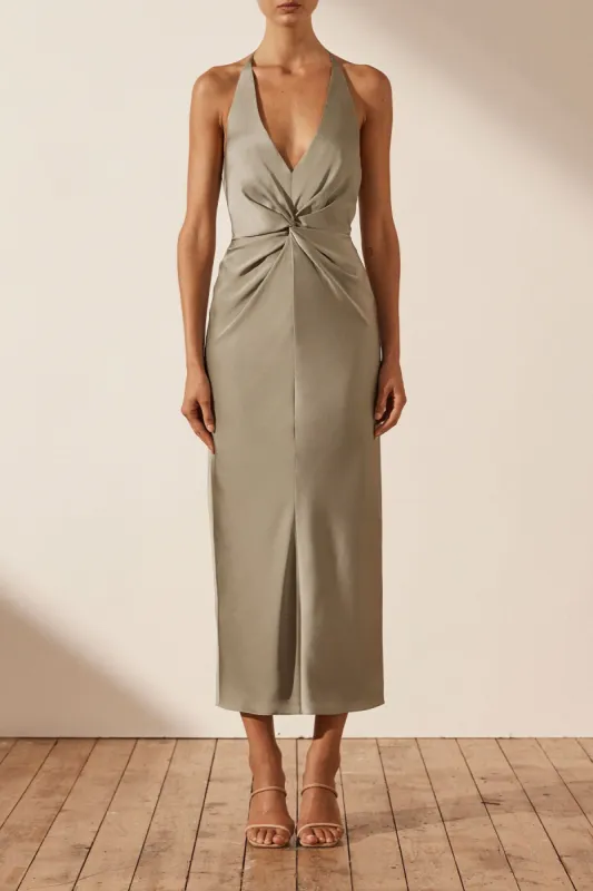 LUXE TWIST FRONT HALTER MIDI DRESS - EUCALYPTUS sold by Shona Joy