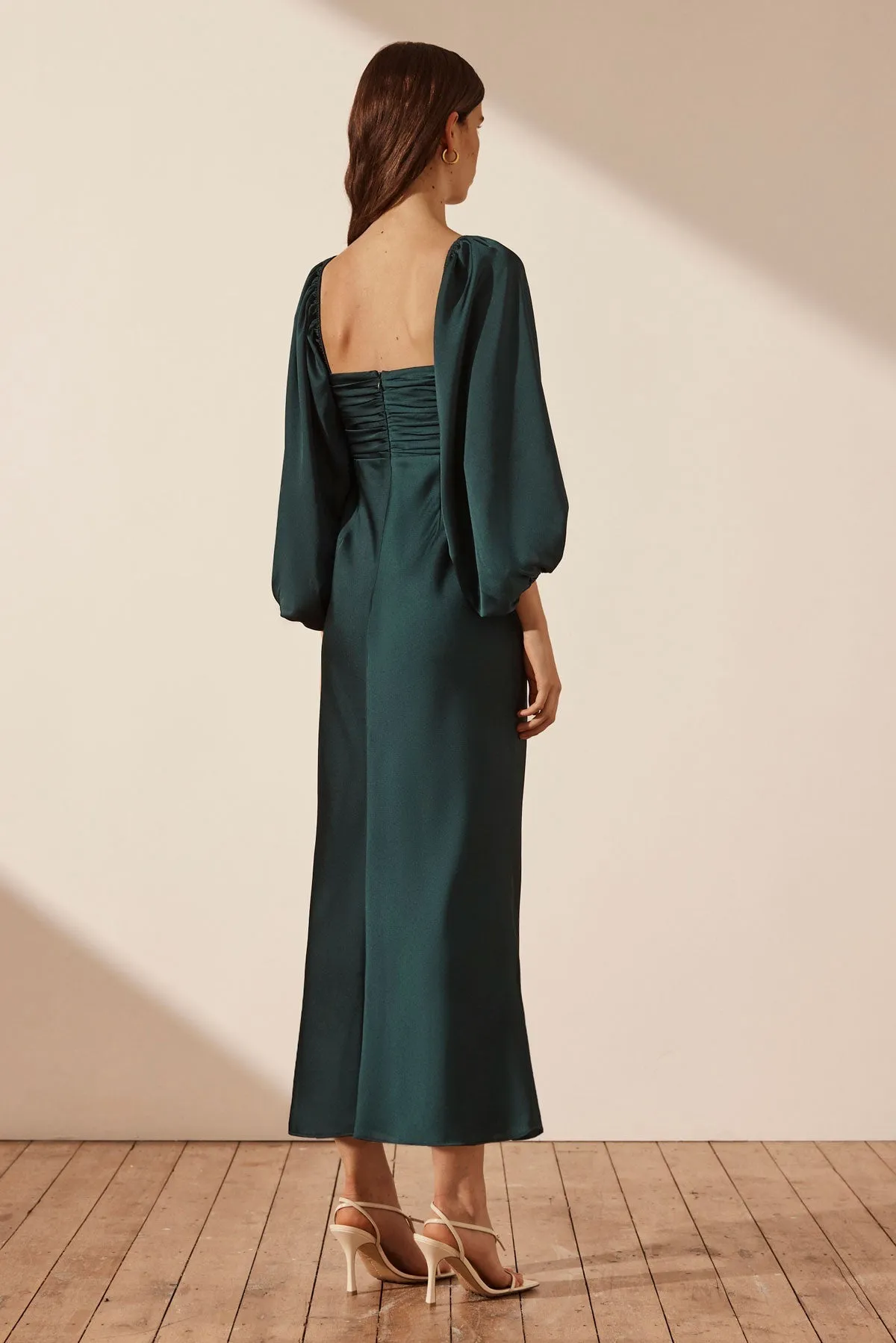 LUXE RUCHED BODICE LONG SLEEVE MIDI DRESS - EMERALD sold by Shona Joy product image thumbnail 4
