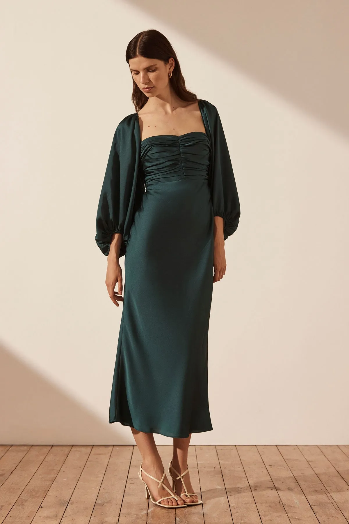 LUXE RUCHED BODICE LONG SLEEVE MIDI DRESS - EMERALD sold by Shona Joy product image thumbnail 2
