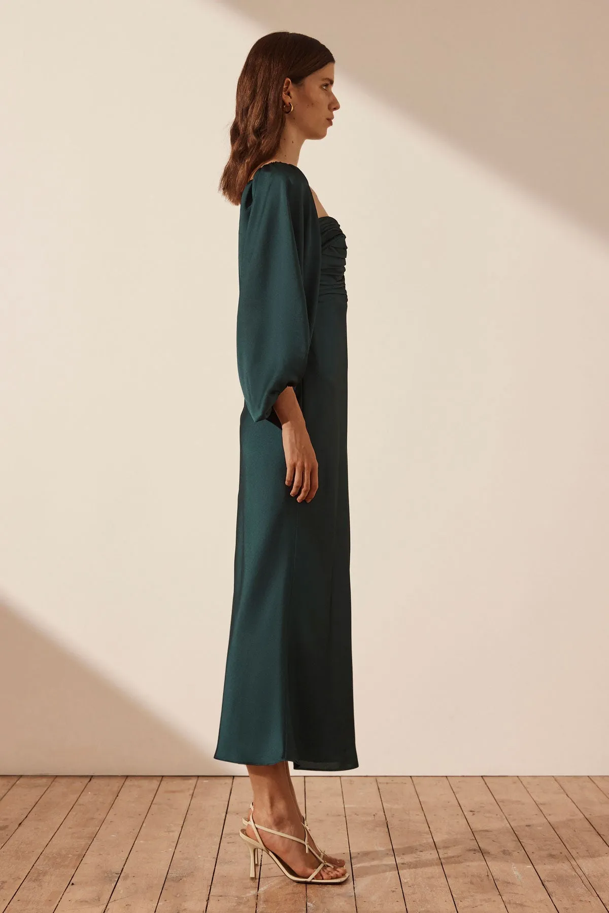 LUXE RUCHED BODICE LONG SLEEVE MIDI DRESS - EMERALD sold by Shona Joy product image thumbnail 3