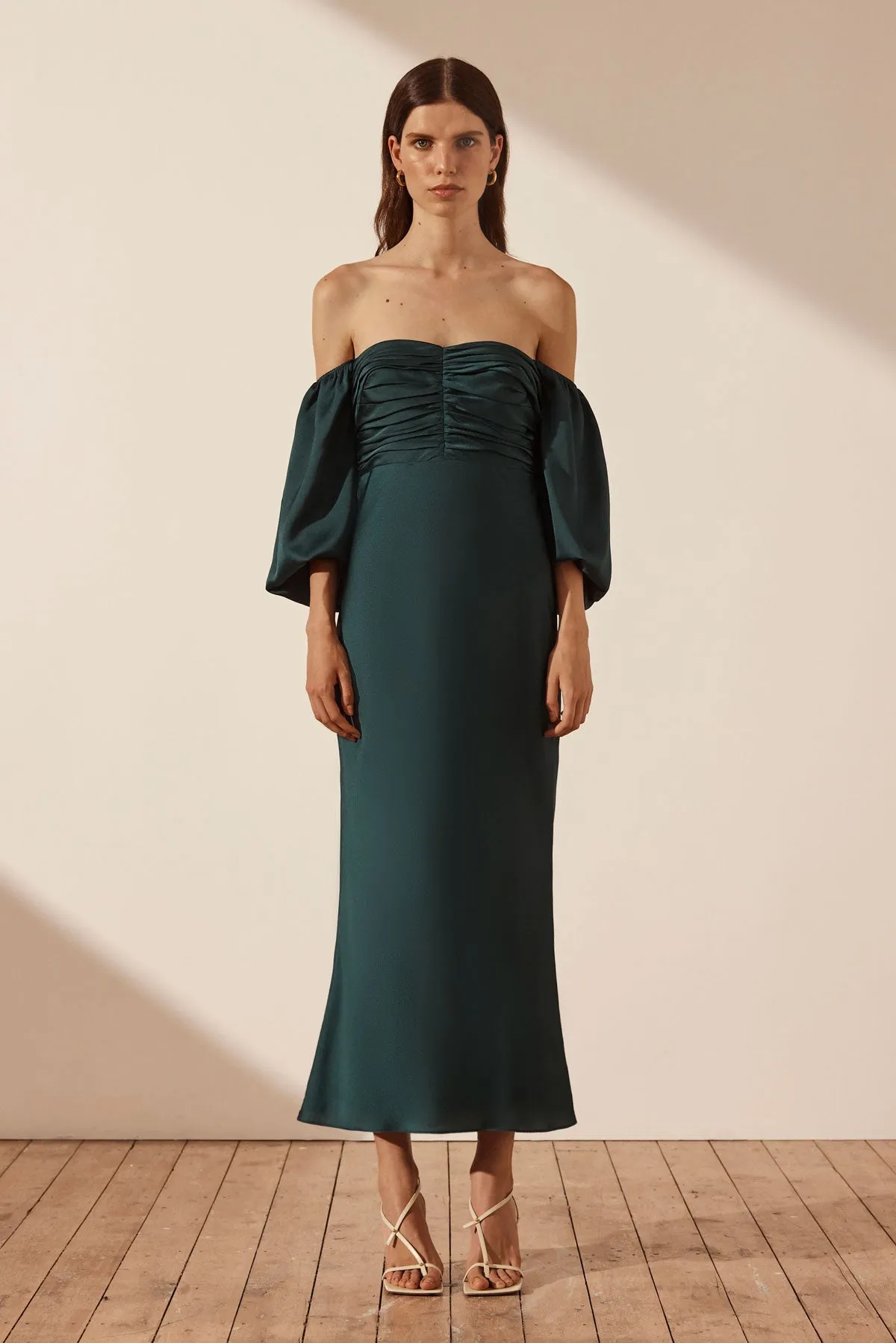 LUXE RUCHED BODICE LONG SLEEVE MIDI DRESS - EMERALD sold by Shona Joy product image thumbnail 5