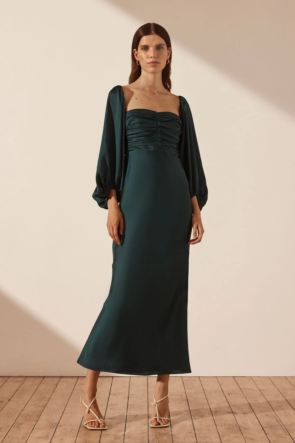 LUXE RUCHED BODICE LONG SLEEVE MIDI DRESS - EMERALD sold by Shona Joy
