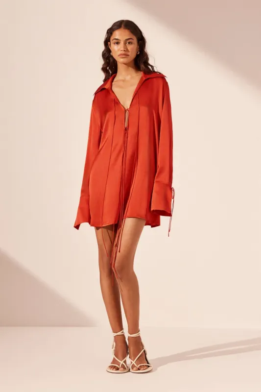 MILENNA SILK SHIRT TIE MINI DRESS - CHILLI RED sold by Shona Joy