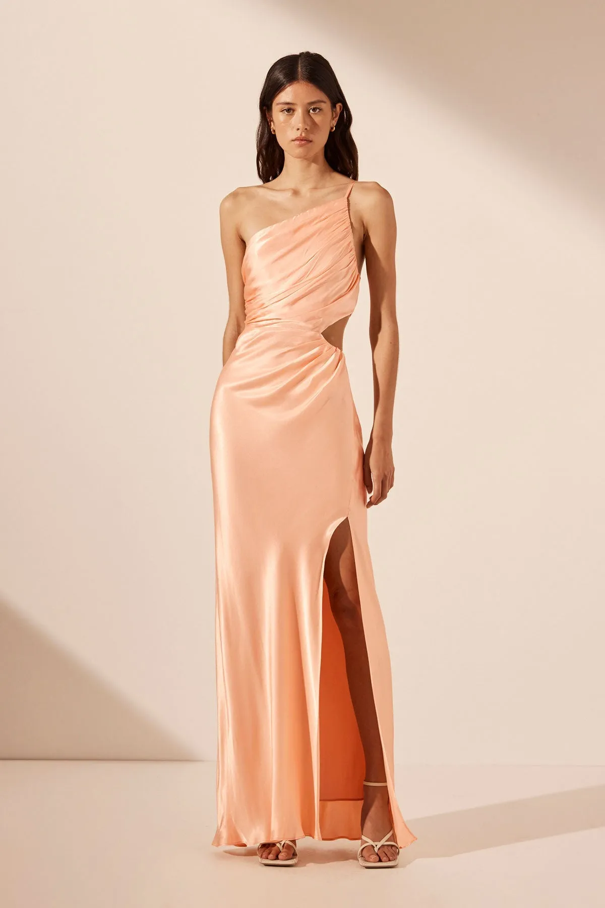 LA LUNE ASYMMETRICAL GATHERED MAXI DRESS - PEACH sold by Shona Joy