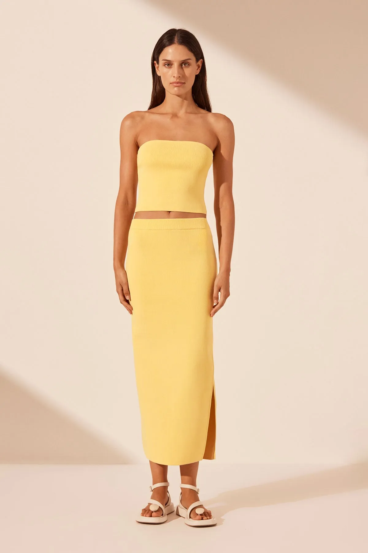 BASIC MIDI SKIRT WITH SPLIT - LEMON sold by Shona Joy
