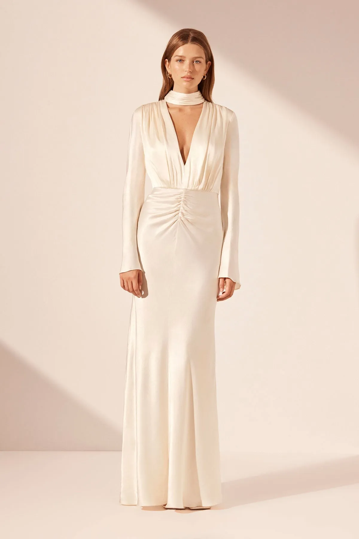 LA LUNE PLUNGED LONG SLEEVE MAXI DRESS - CREAM sold by Shona Joy