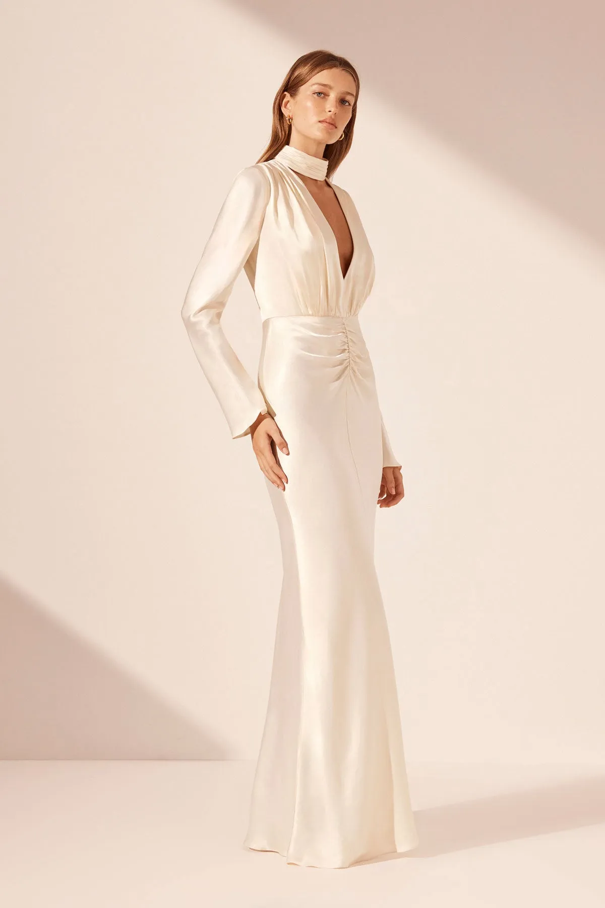 LA LUNE PLUNGED LONG SLEEVE MAXI DRESS - CREAM sold by Shona Joy product image thumbnail 2