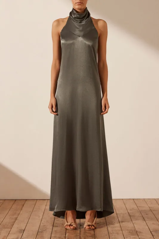 LA LUNE HIGH NECK COWL MAXI DRESS - OLIVE sold by Shona Joy