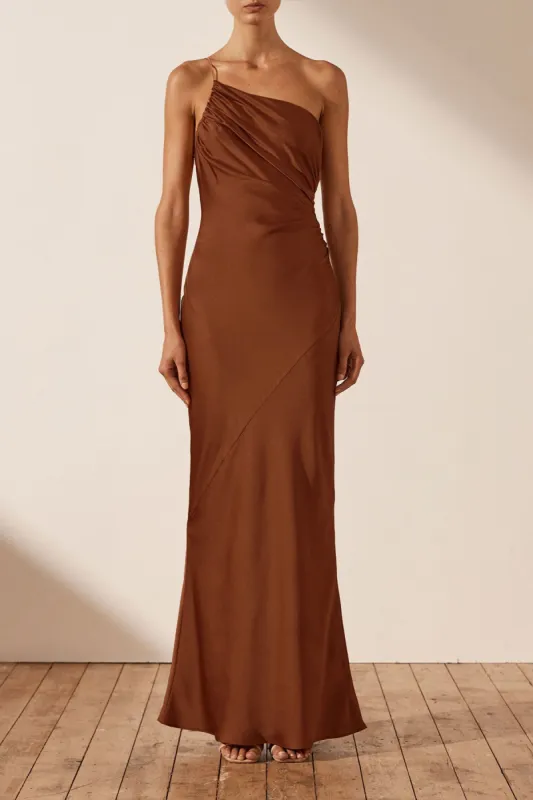 LUXE ASYMMETRICAL GATHERED MAXI DRESS - MOCHA sold by Shona Joy