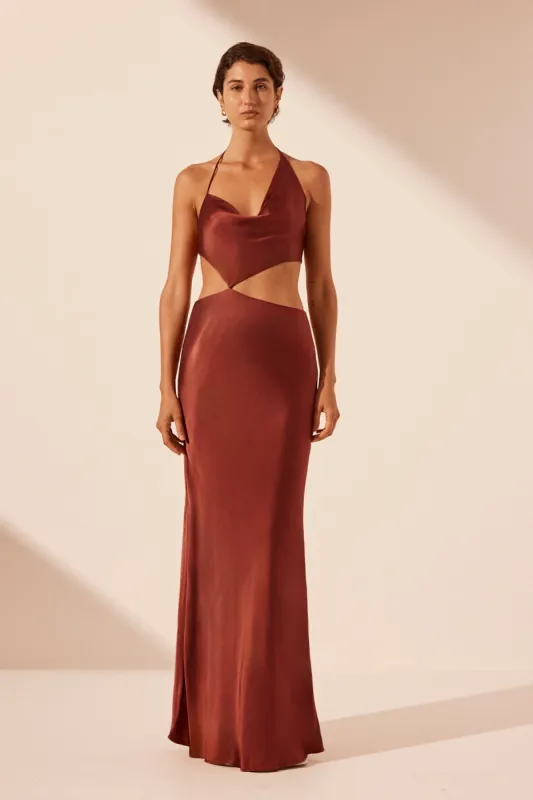 LINO ASYMMETRICAL COWL TIE MAXI DRESS - MAHOGANY sold by Shona Joy