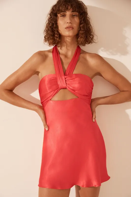 LYDIE RUCHED HALTER MINI DRESS - POPPY RED | Parallel