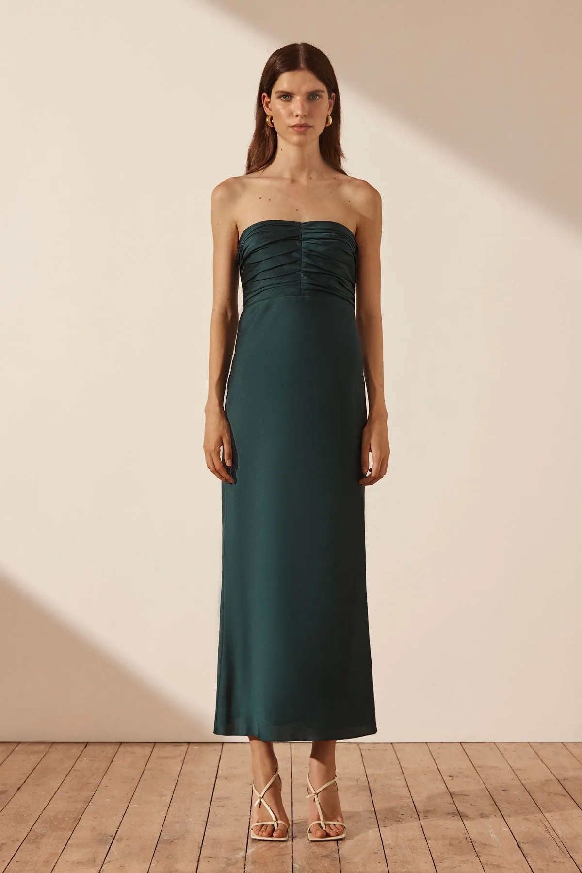 luxe strapless ruched bodice midi dress Shona Joy - La Lune Strapless Ruched Bodice Maxi Dress - Lemon