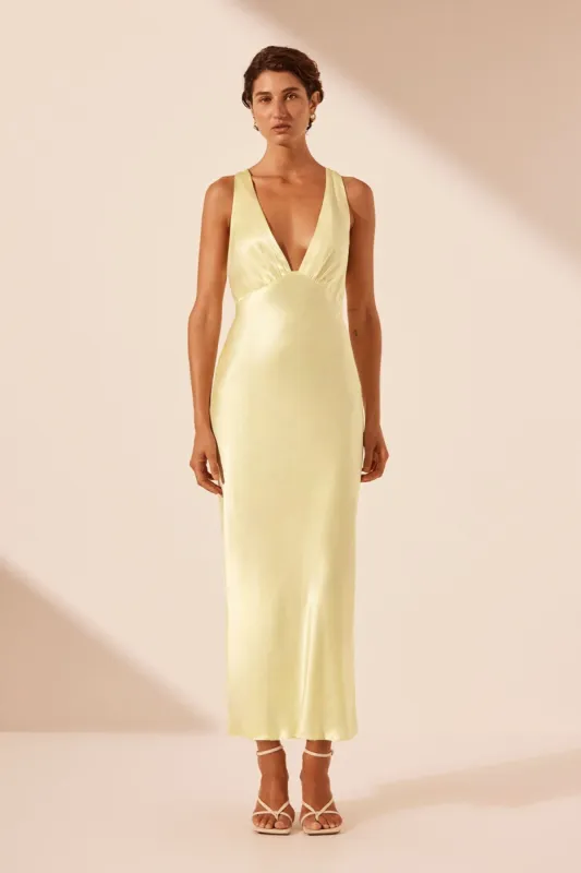 LA LUNE PLUNGED CROSS BACK MIDI DRESS - LEMON sold by Shona Joy