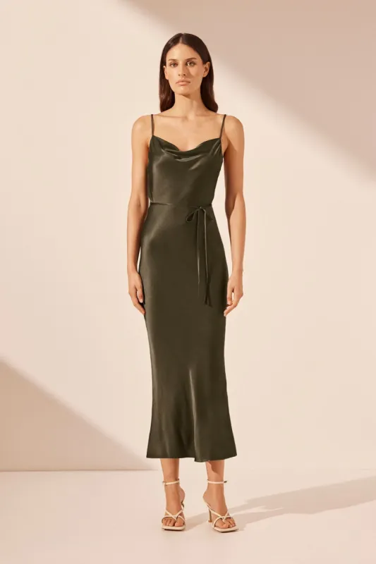 LA LUNE BIAS COWL MIDI DRESS - FOREST sold by Shona Joy