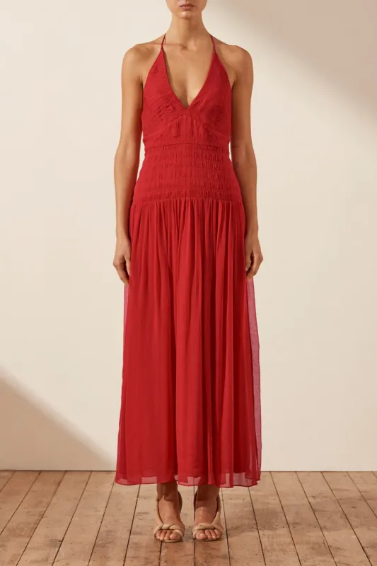 MARQUIS HALTER TIE MIDI DRESS - ROMA RED sold by Shona Joy