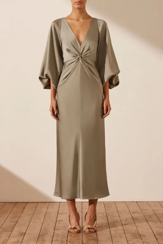 LUXE BALLOON SLEEVE KNOT FRONT MIDI DRESS - EUCALYPTUS sold by Shona Joy