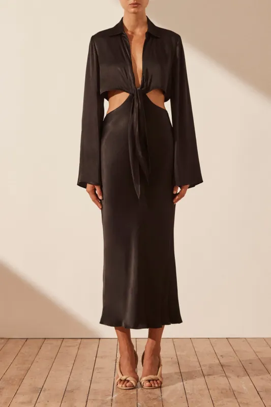OLIVIERA LONG SLEEVE TIE FRONT MIDI DRESS - BLACK sold by Shona Joy