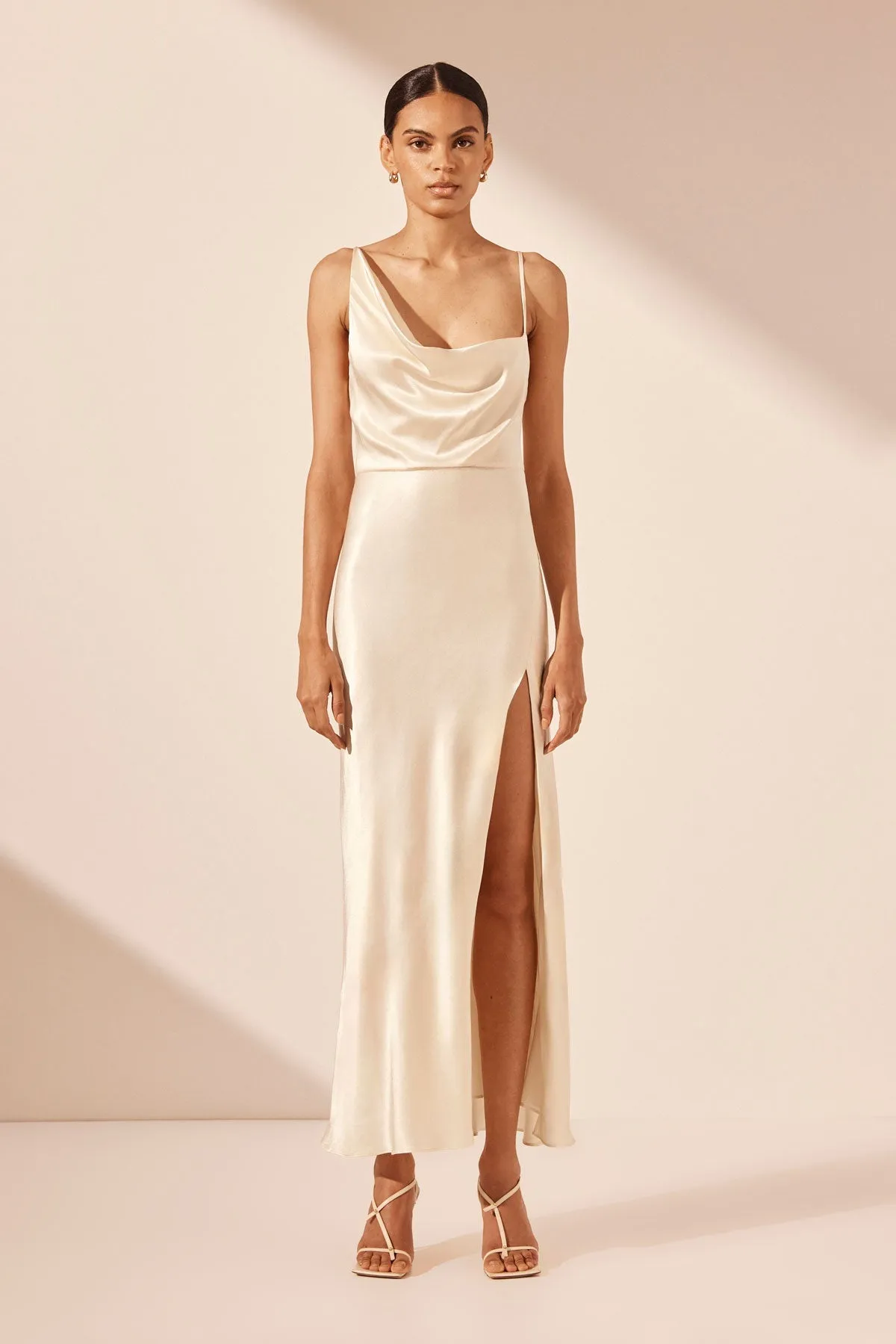 LA LUNE DRAPED SIDE SPLIT MIDI DRESS - CREAM sold by Shona Joy