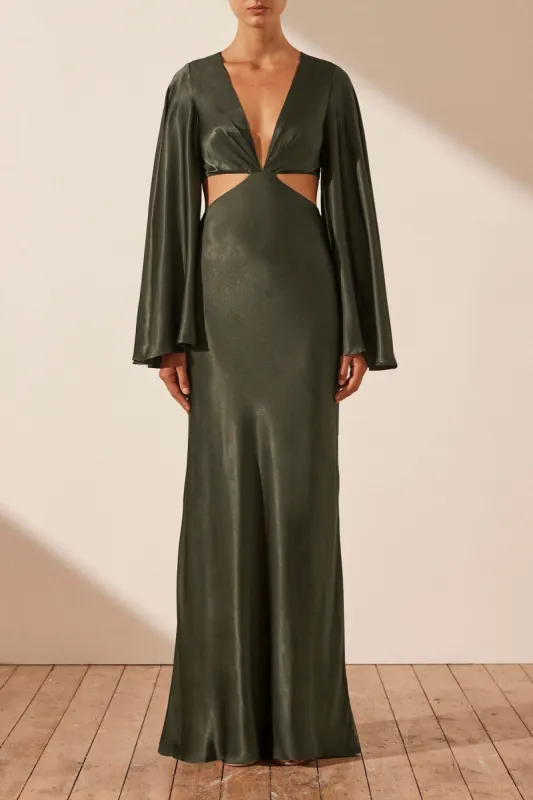 LA LUNE FLARED SLEEVE OPEN BACK MAXI DRESS - FOREST sold by Shona Joy