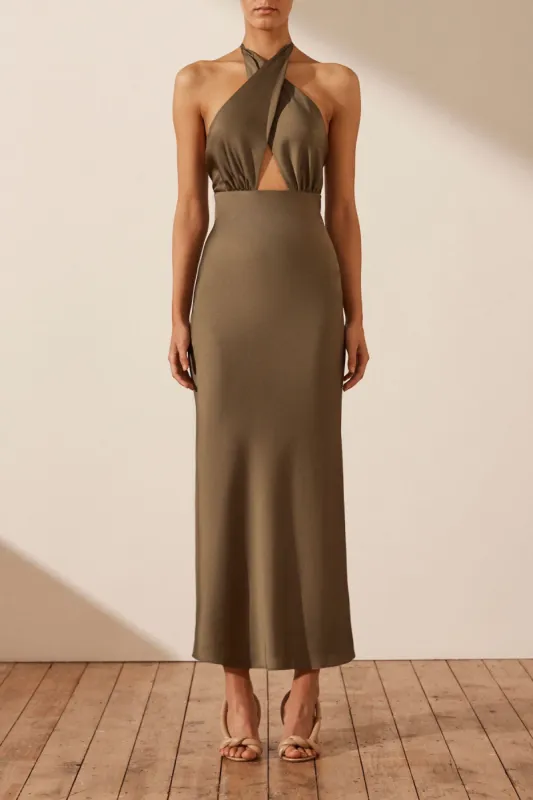 LUXE CROSS FRONT HALTER MIDI DRESS - PINE sold by Shona Joy